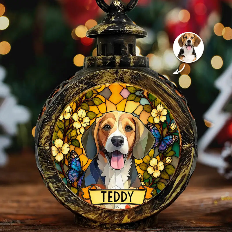 Art Design,Sentimental,Christmas,Pet Lovers,Memorial,Photo - Stained Glass - Custom Photo Stained Glass Memorial Dog Cat Portrait - Personalized Candlelight Lantern Ornament