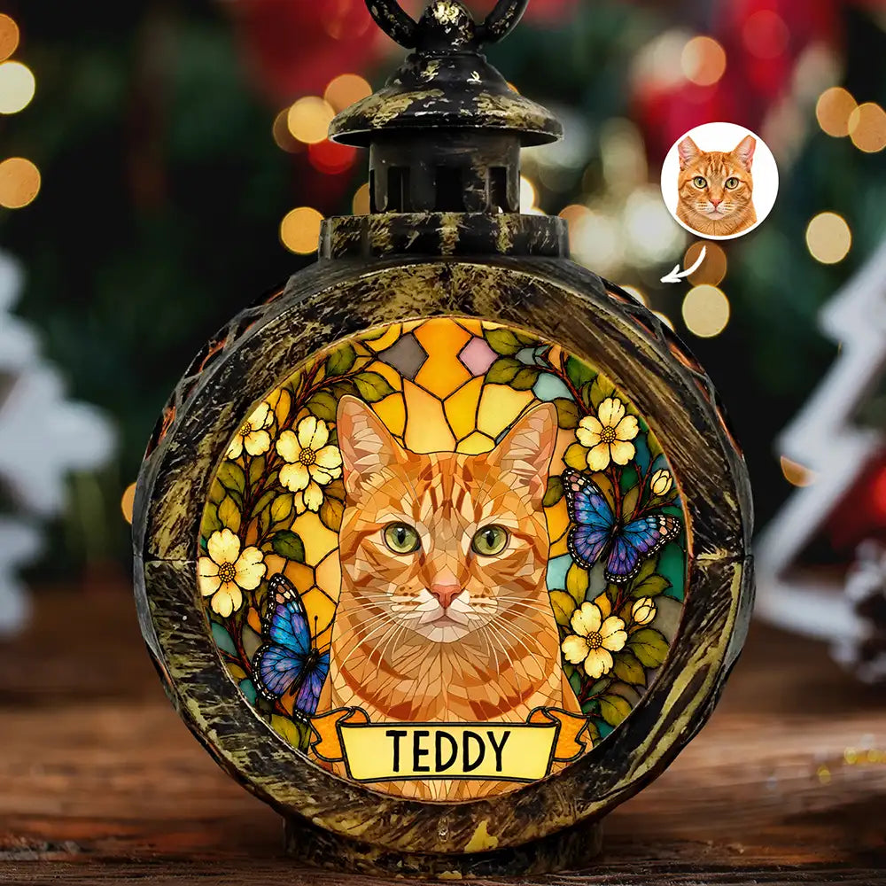 Art Design,Sentimental,Christmas,Pet Lovers,Memorial,Photo - Stained Glass - Custom Photo Stained Glass Memorial Dog Cat Portrait - Personalized Candlelight Lantern Ornament