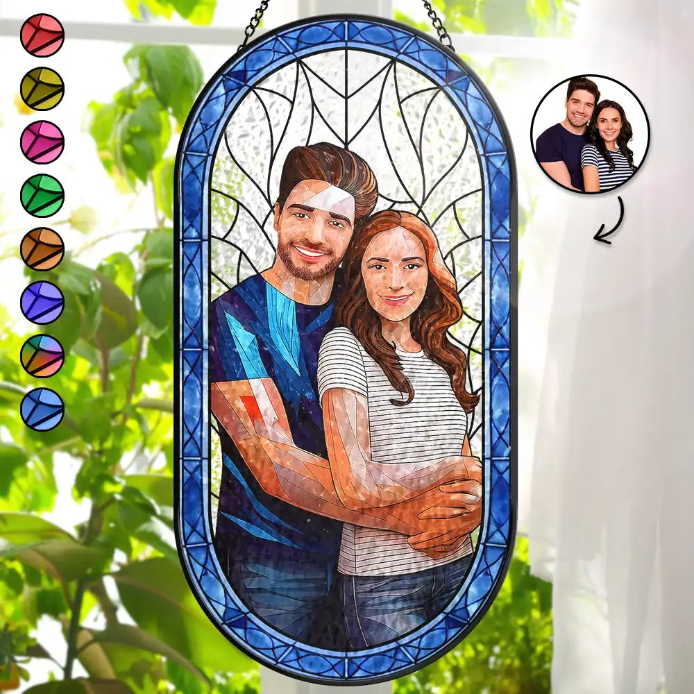 Custom Photo Stained Glass Portrait Couple Family - Personalized Rounded Rectangle Stained Glass Suncatcher