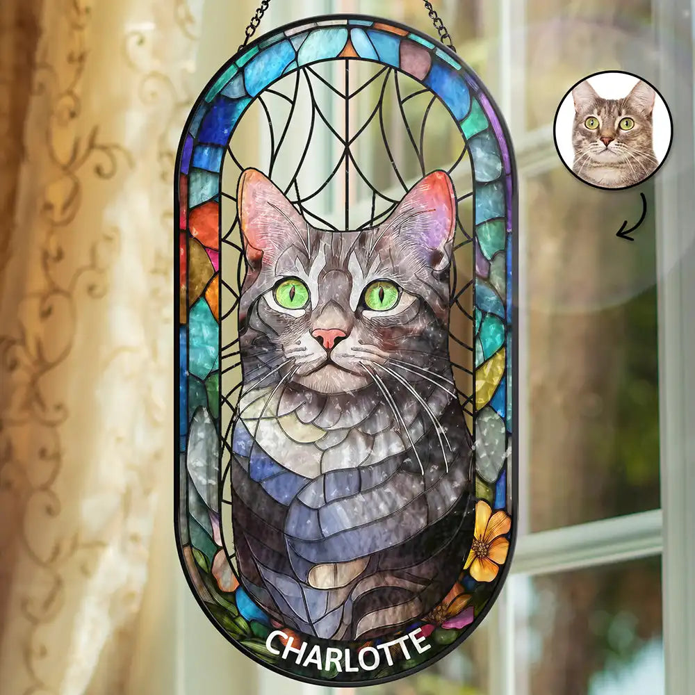 Custom Photo Stained Glass Portrait Dog Cat Family - Personalized Rounded Rectangle Stained Glass Suncatcher