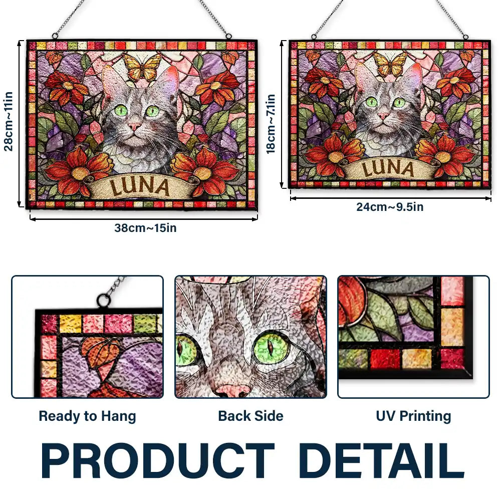 Art Design, Playful, Pet Lovers, Photo - Stained Glass - Custom Photo Stained Glass Portrait Dog Cat Family - Personalized Horizontal Stained Glass Suncatcher