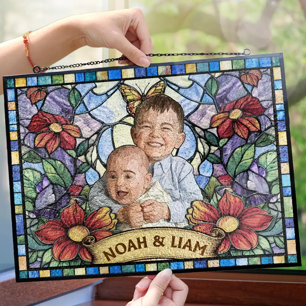 Art Design, Playful, Pet Lovers, Photo - Stained Glass - Custom Photo Stained Glass Portrait Dog Cat Family - Personalized Horizontal Stained Glass Suncatcher
