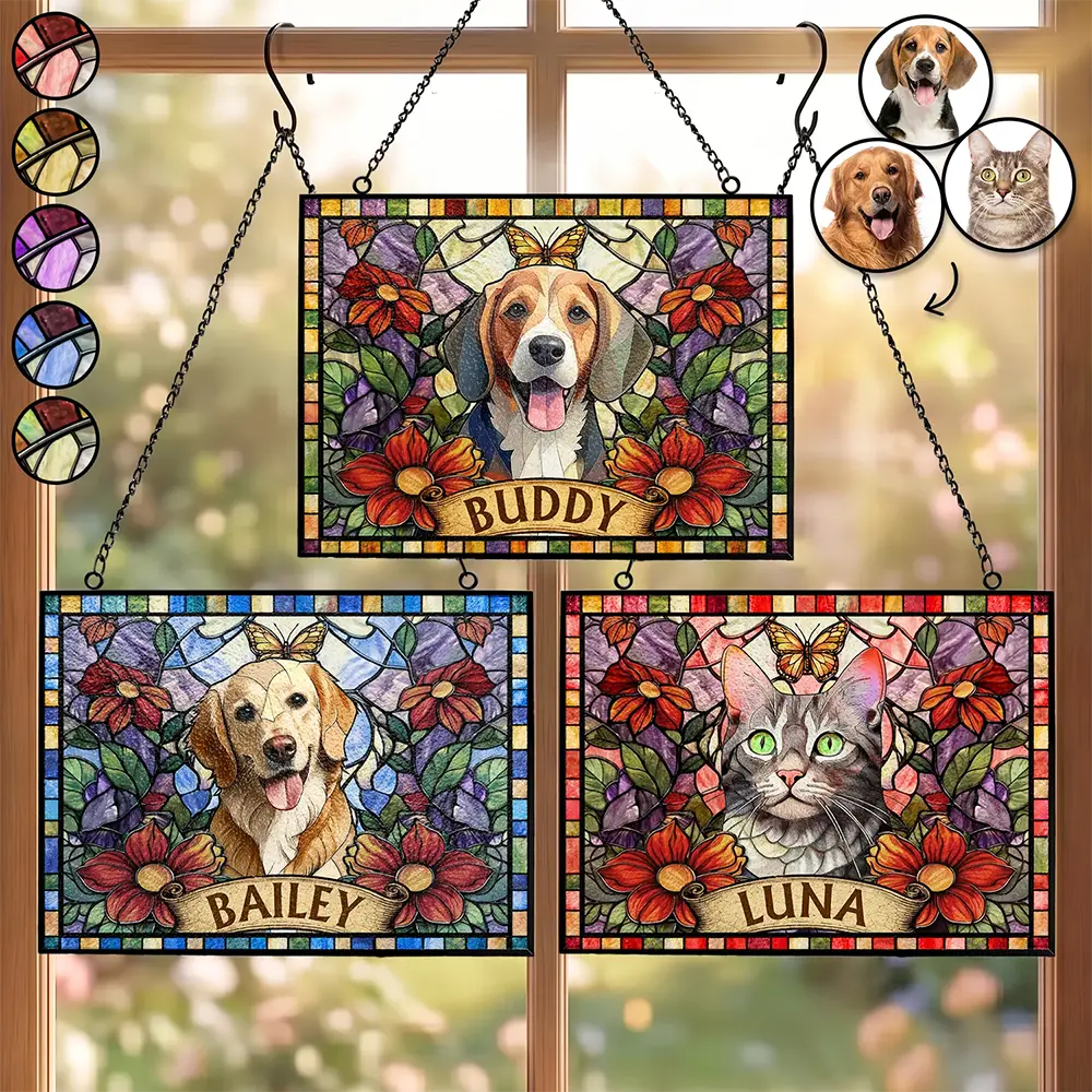 Art Design, Playful, Pet Lovers, Photo - Stained Glass - Custom Photo Stained Glass Portrait Dog Cat Family - Personalized Horizontal Stained Glass Suncatcher