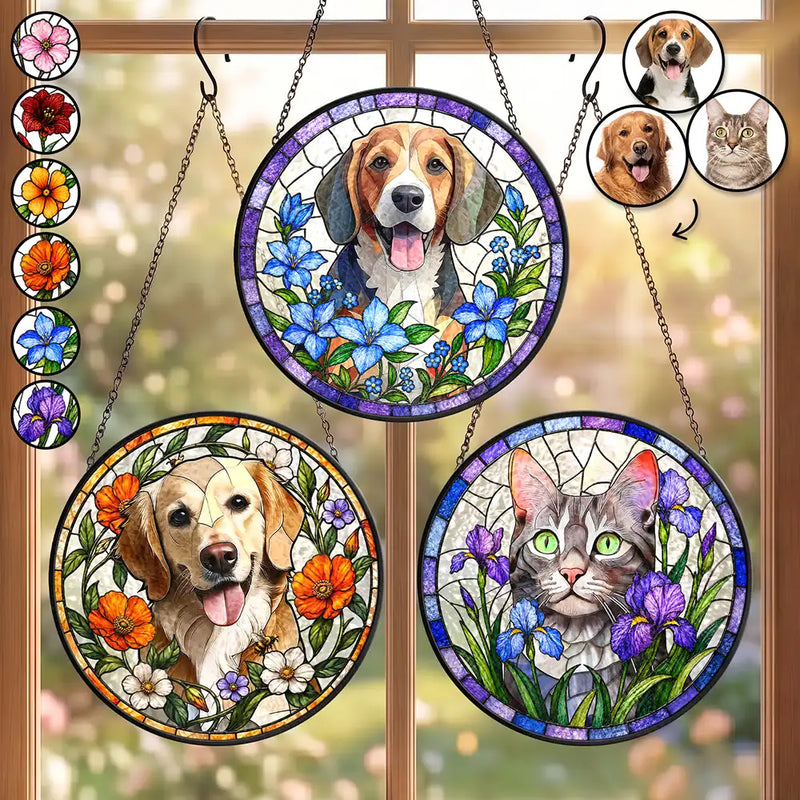 Art Design,Playful,Pet Lovers,Photo - Stained Glass - Custom Photo Stained Glass Portrait Dog Cat Family Blue Flower - Personalized Stained Glass Window Hanging Suncatcher