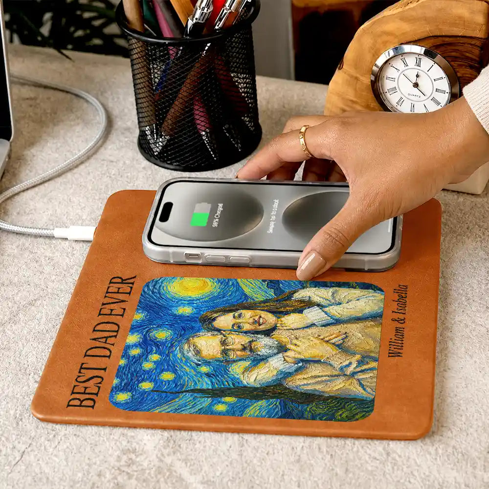 Gift For Father,Gift For Grandpa,Non-Eng,Photo - Starry Night,Proud - Custom Photo Starry Night Best Dad Papa Ever - Personalized Leather Charging Mat