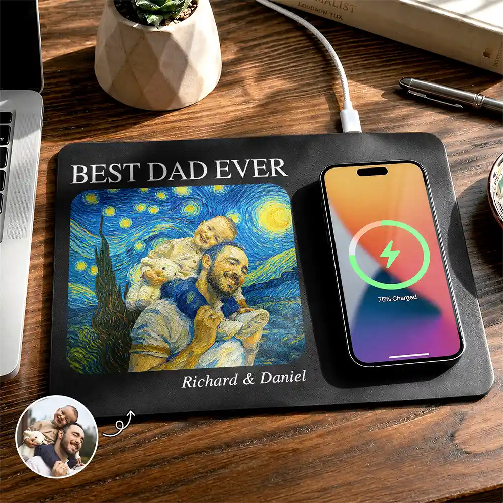 Custom Photo Starry Night Best Dad Papa Ever - Personalized Leather Charging Mat