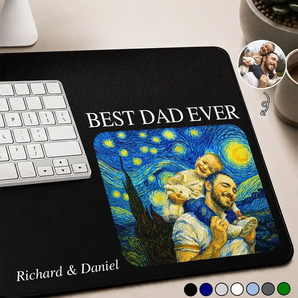 Custom Photo Starry Night Best Dad Papa Ever - Personalized Leather Desk Mat