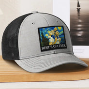 Gift For Father,Gift For Grandpa,Non-Eng,Photo - Pencil Sketch (Bold),Proud - Custom Photo Starry Night Best Dad Papa Ever - Personalized Leather Patch Hat
