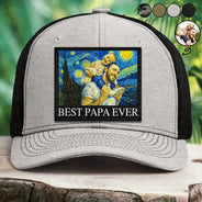 Gift For Father,Gift For Grandpa,Non-Eng,Photo - Pencil Sketch (Bold),Proud - Custom Photo Starry Night Best Dad Papa Ever - Personalized Leather Patch Hat