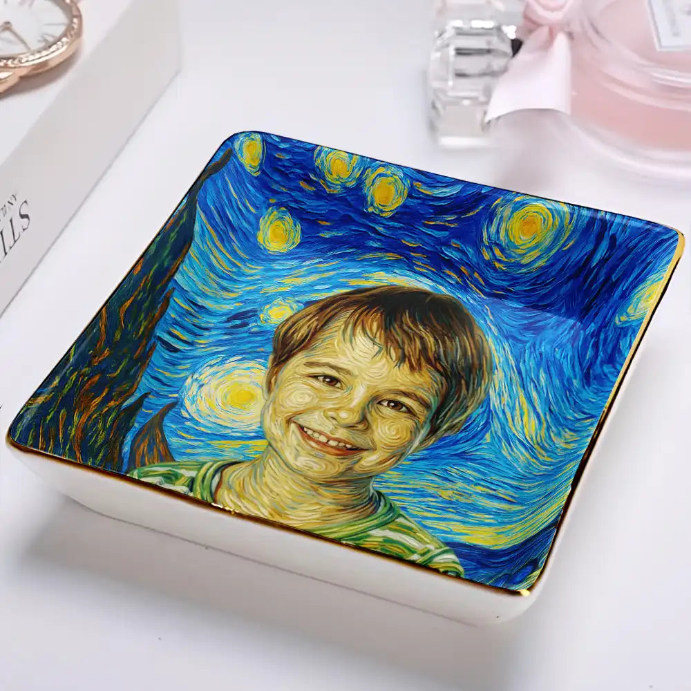 Dog Lovers,Pet Lovers,Cat Lovers,Happy,Non-Eng,Photo - Starry Night - Custom Photo Starry Night Dog Cat Pet Kid - Personalized Ring Dish