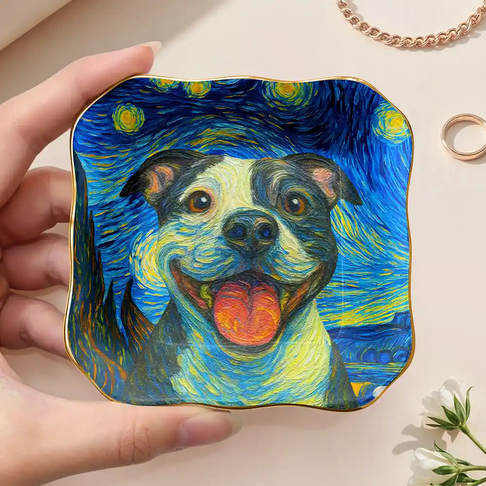 Dog Lovers,Pet Lovers,Cat Lovers,Happy,Non-Eng,Photo - Starry Night - Custom Photo Starry Night Dog Cat Pet Kid - Personalized Ring Dish