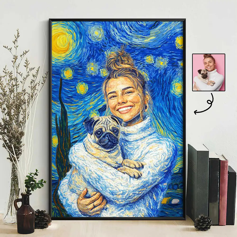 Happy,Dog Lovers,Pet Lovers,Cat Lovers,Dog Mom,Dog Dad,Cat Dad,Cat Mom - Custom Photo Starry Night Dog Mom Cat Mom Pet Lover - Personalized Poster