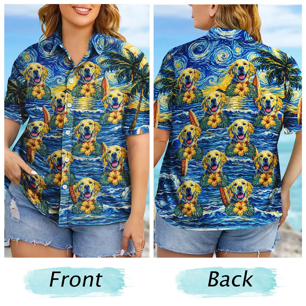 Custom Photo,Beach,Art Design,Summer,Top Market,Pet Dad,Pet Lovers,Gift For Father,Playful,Photo - Starry Night  - Custom Photo Starry Night Tropical Pattern Dog Cat Kid - Personalized Hawaiian Shirt