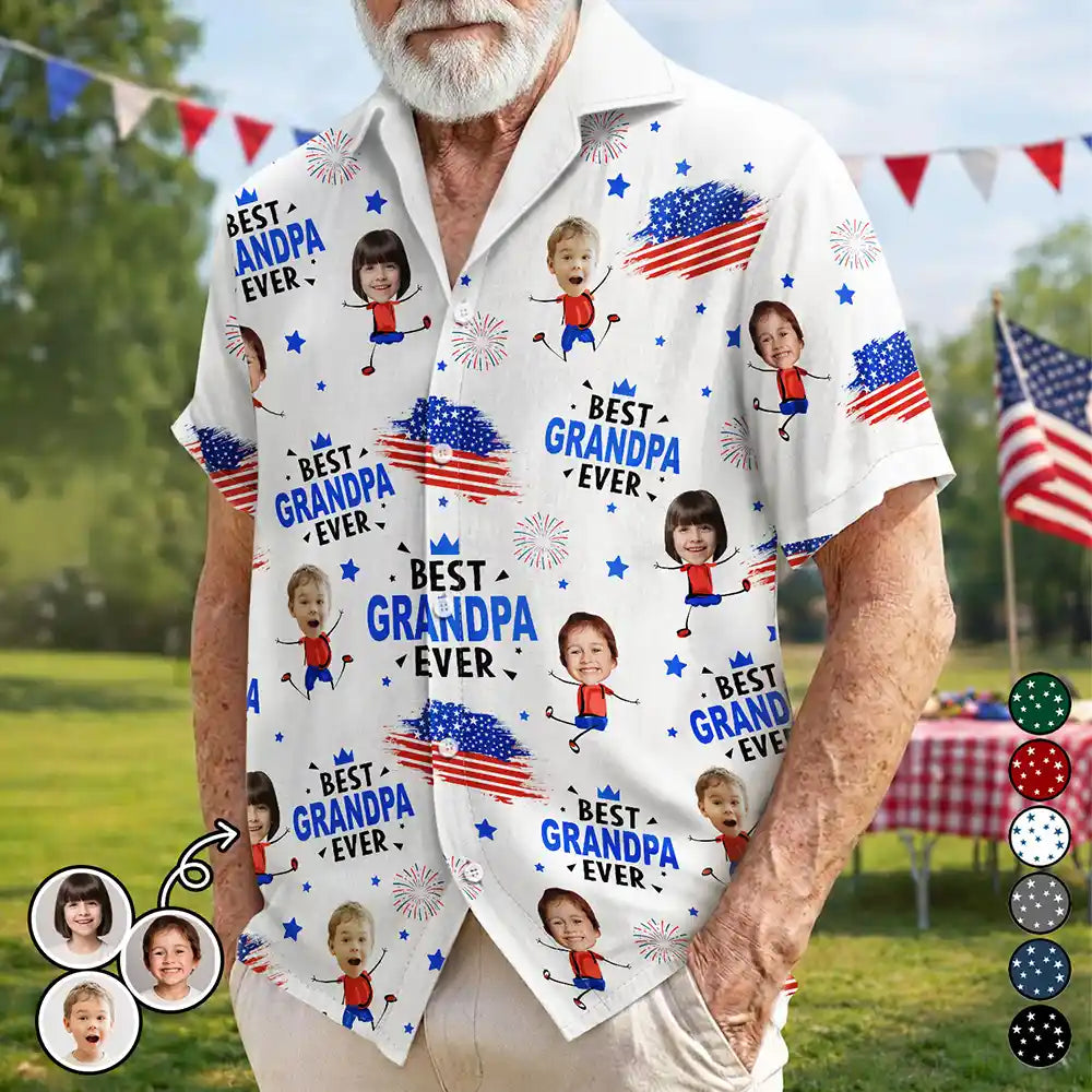 Custom Photo Stars And Stripes Best Dad Grandpa Ever - Personalized Hawaiian Shirt