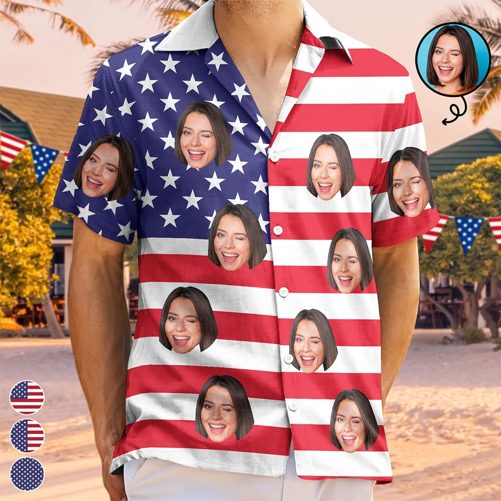 Custom Photo, Independence Day, Summer, Gift For Couples, Humorous, Cut-Face Photo - Custom Photo Stars & Stripes Beach Vibes - Personalized Hawaiian Shirt