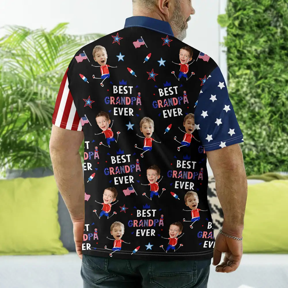 Gift For Mother,Gift For Grandma,Happy,Gift For Father,Gift For Grandpa,Independence Day,Photo,Icon,Humorous - Custom Photo Stars & Stripes Best Dad Grandpa Ever - Personalized Polo Shirt