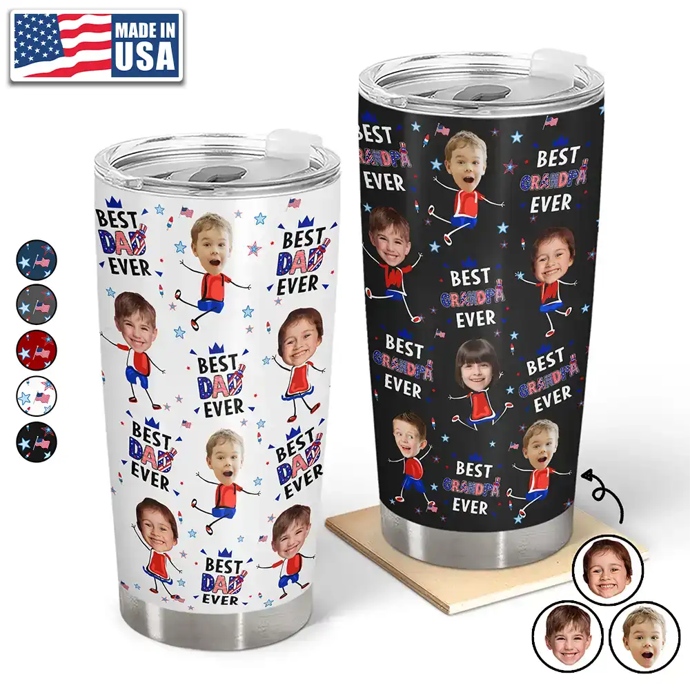 Custom Photo Stars & Stripes Best Dad Mom Grandpa Grandma Ever - Personalized Tumbler