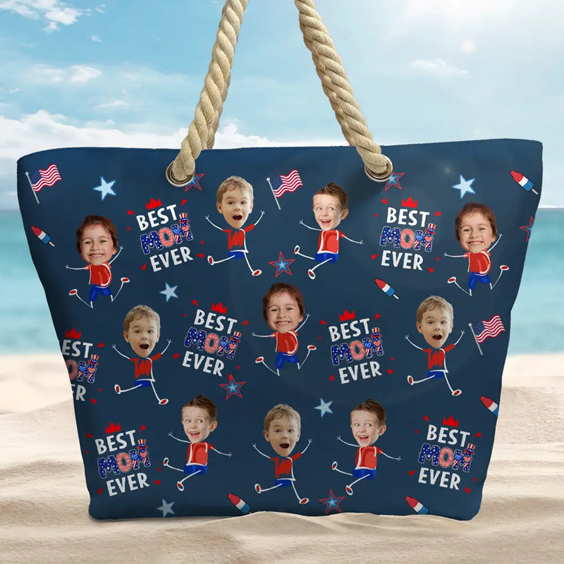 Gift For Mother,Gift For Grandma,Happy,Summer,Independence Day,Non-Eng,Photo,Icon,Humorous - Custom Photo Stars & Stripes Best Mom Grandma Ever - Personalized Beach Bag