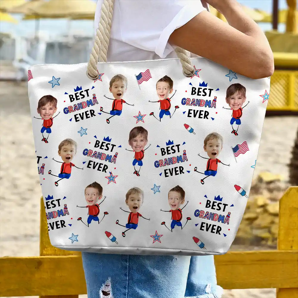 Gift For Mother,Gift For Grandma,Happy,Summer,Independence Day,Non-Eng,Photo,Icon,Humorous - Custom Photo Stars & Stripes Best Mom Grandma Ever - Personalized Beach Bag