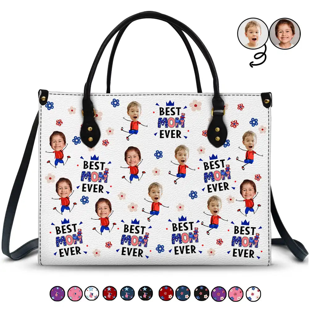 Custom Photo Stars & Stripes Best Mom Grandma Ever - Personalized Leather Bag