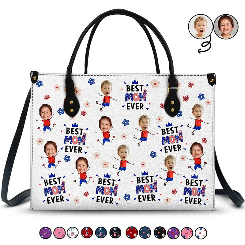 Gift For Mother,Gift For Grandma,Happy,Summer,Independence Day,Non-Eng,Photo,Icon,Humorous - Custom Photo Stars & Stripes Best Mom Grandma Ever - Personalized Leather Bag