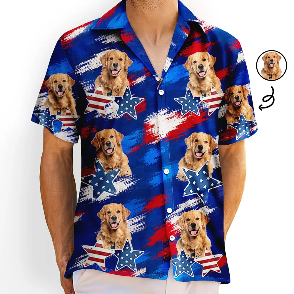 Custom Photo Stars & Stripes Dog Cat Happy Paws - Personalized Hawaiian Shirt
