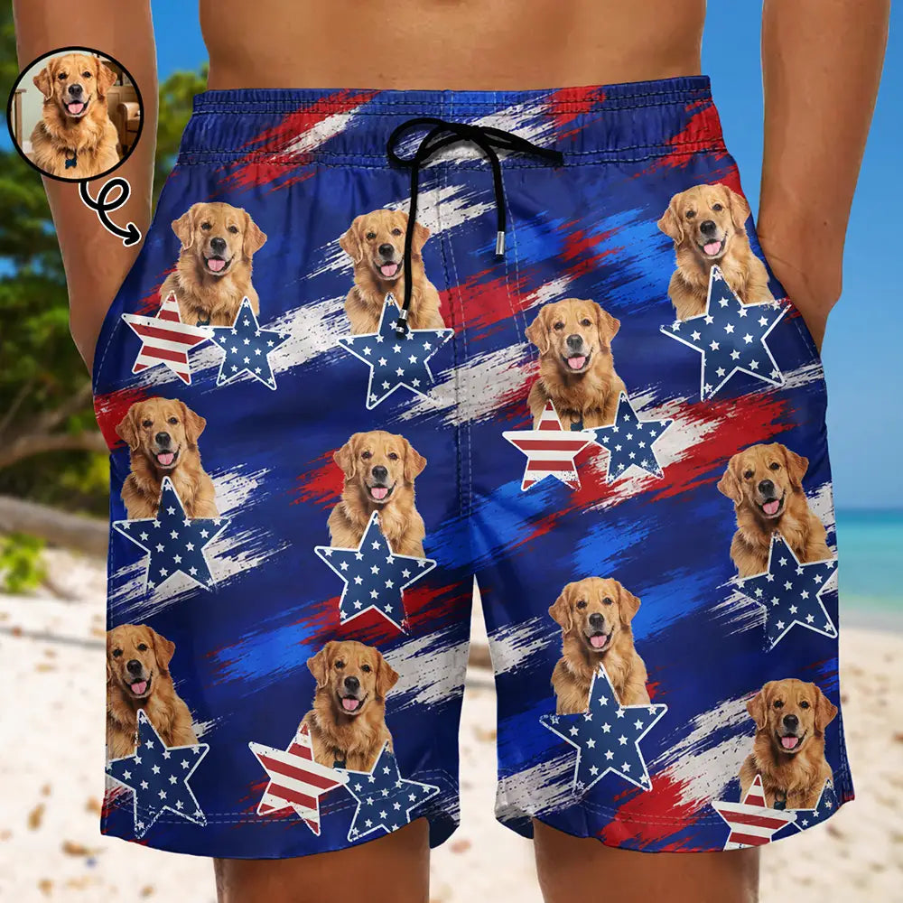 Custom Photo Stars & Stripes Dog Cat Happy Paws - Personalized Unisex Beach Shorts