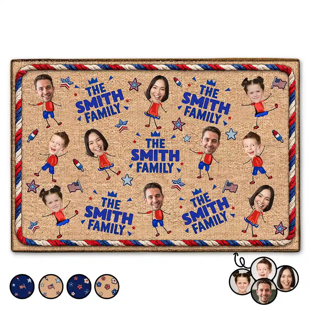 Custom Photo Stars & Stripes Family Funny Face Cut - Personalized Doormat