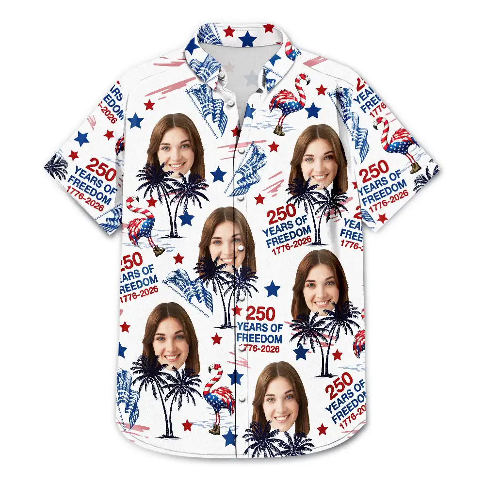 Independence Day,Happy - Custom Photo Stars & Stripes Family Pets Kids Tropical Flamingo - Personalized Hawaiian Shirt