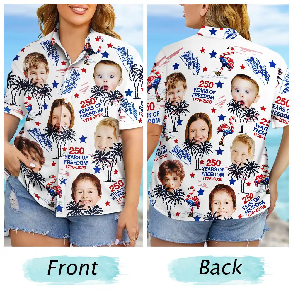 Independence Day,Happy - Custom Photo Stars & Stripes Family Pets Kids Tropical Flamingo - Personalized Hawaiian Shirt
