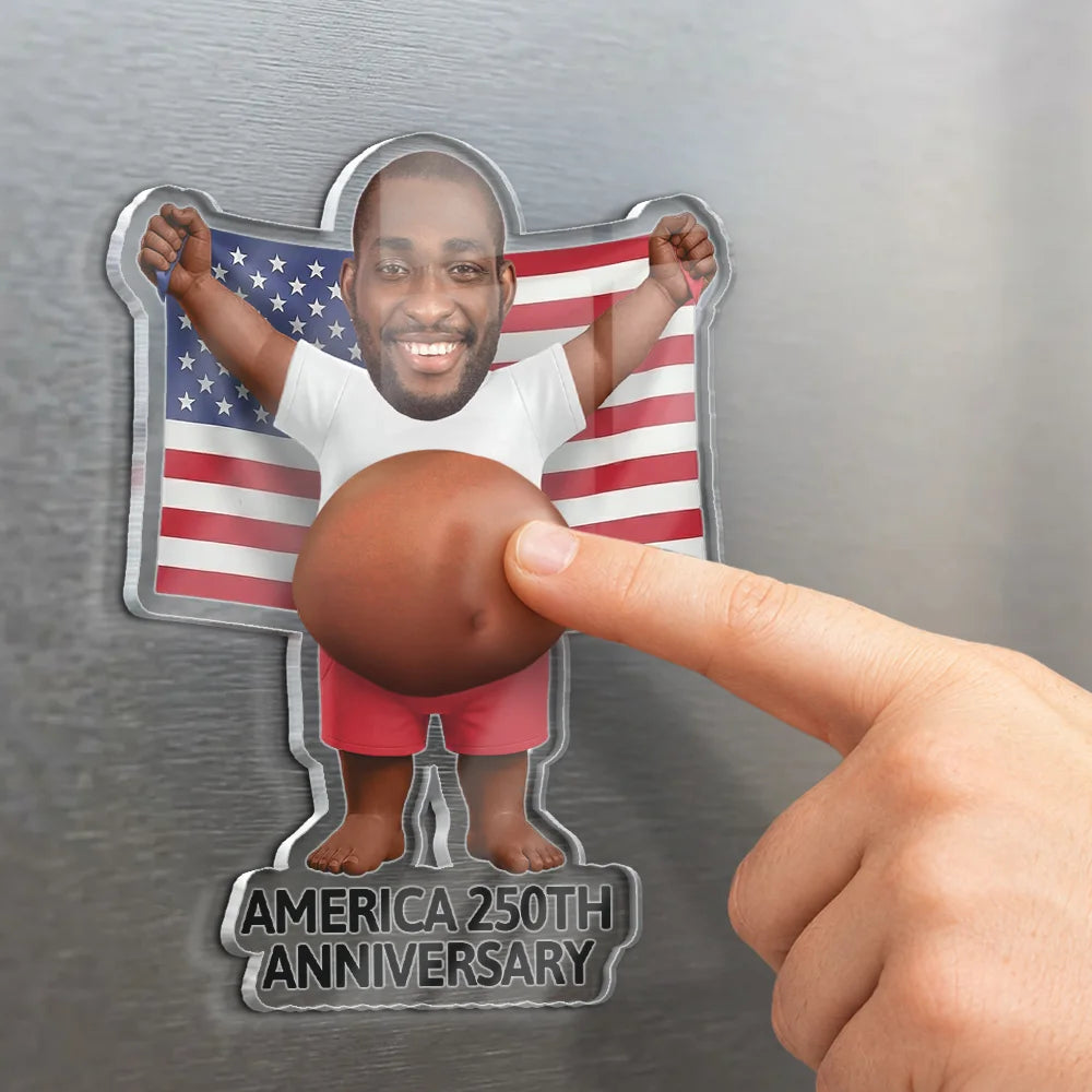 Custom Photo, Independence Day, Gift For Men, Gift For Yourself, Humorous, Cut-Face Photo - Custom Photo Stars, Stripes & Poke That Belly - Personalized Squishy Acrylic Fridge Magnet