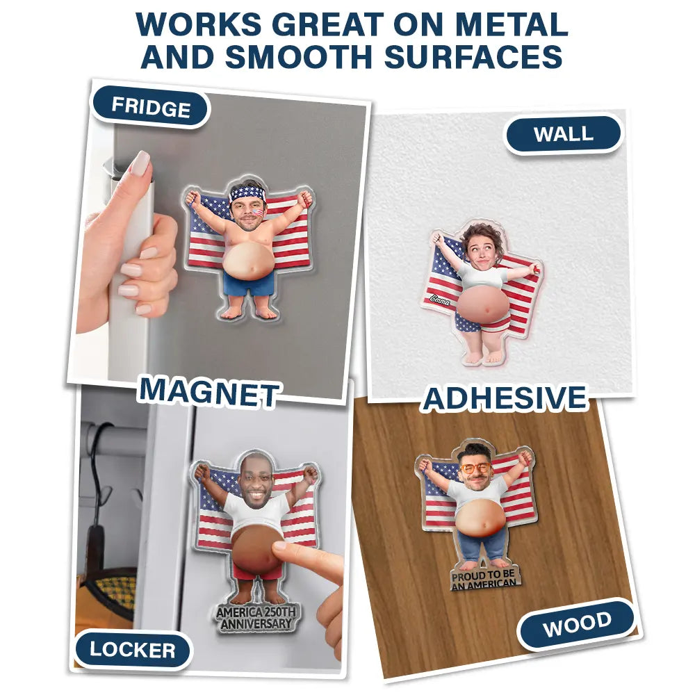 Custom Photo, Independence Day, Gift For Men, Gift For Yourself, Humorous, Cut-Face Photo - Custom Photo Stars, Stripes & Poke That Belly - Personalized Squishy Acrylic Fridge Magnet