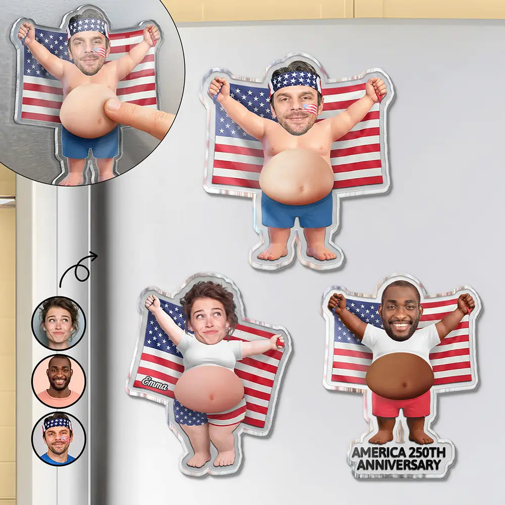 Custom Photo, Independence Day, Gift For Men, Gift For Yourself, Humorous, Cut-Face Photo - Custom Photo Stars, Stripes & Poke That Belly - Personalized Squishy Acrylic Fridge Magnet