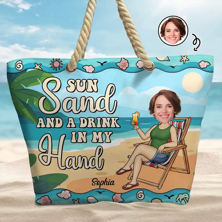 Sac de plage personnalisé avec photo, soleil, sable et boisson à la main