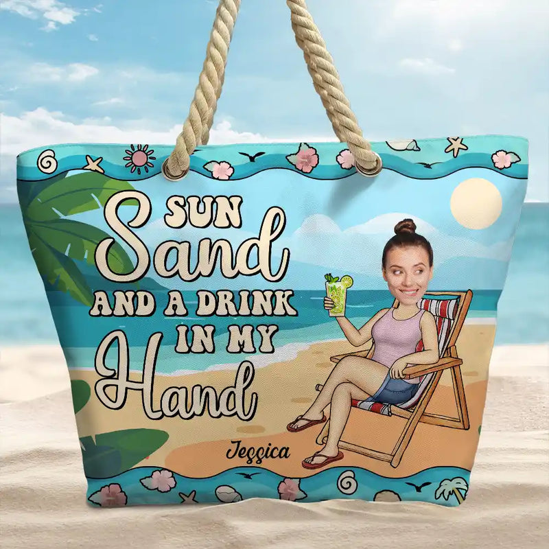 Gift For Girlfriend,Gift For Yourself,Gift For Women,Beach,Summer,Happy - Custom Photo Sun Sand And A Drink In My Hand - Personalized Beach Bag