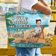 Gift For Girlfriend,Gift For Yourself,Gift For Women,Beach,Summer,Happy - Custom Photo Sun Sand And A Drink In My Hand - Personalized Beach Bag