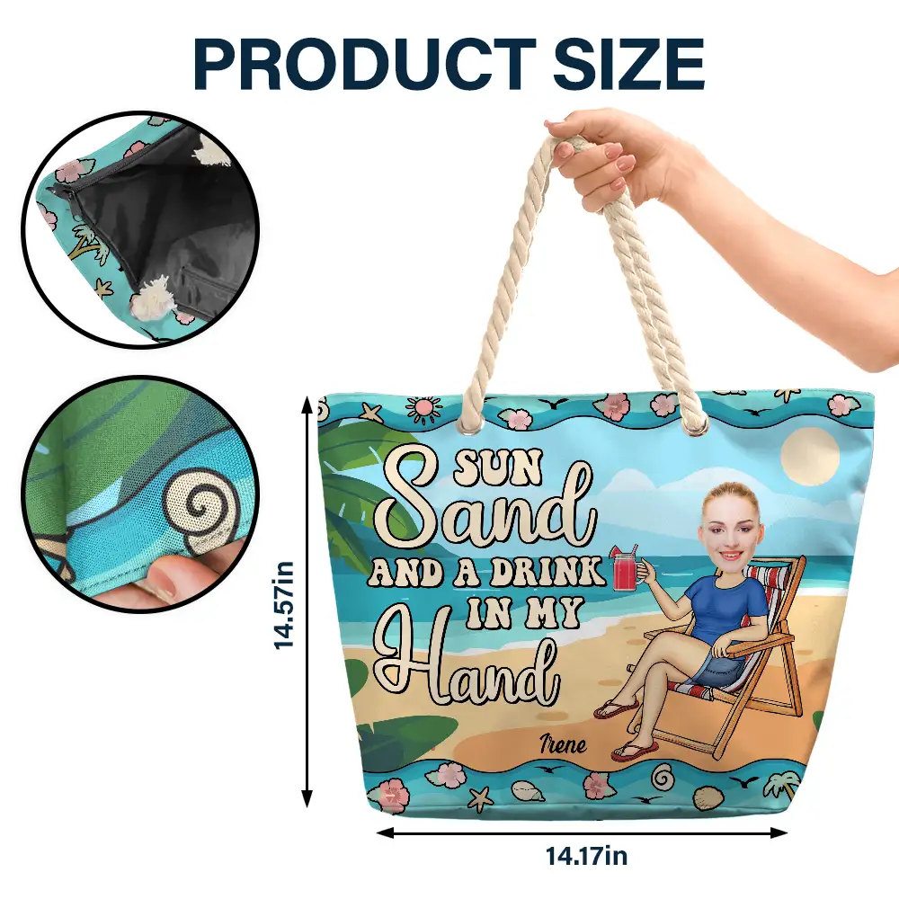 Gift For Girlfriend,Gift For Yourself,Gift For Women,Beach,Summer,Happy - Custom Photo Sun Sand And A Drink In My Hand - Personalized Beach Bag