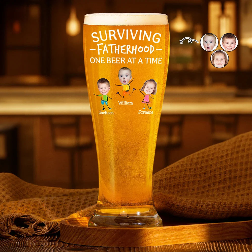 Custom Photo Surviving Fatherhood One Beer At A Time Funny - Personalized Pilsner Glass
