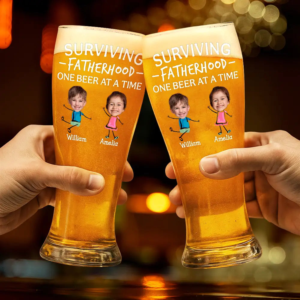 Funny,Gift For Husband,Gift For Grandpa,Gift For Father - Custom Photo Surviving Fatherhood One Beer At A Time Funny - Personalized Pilsner Glass