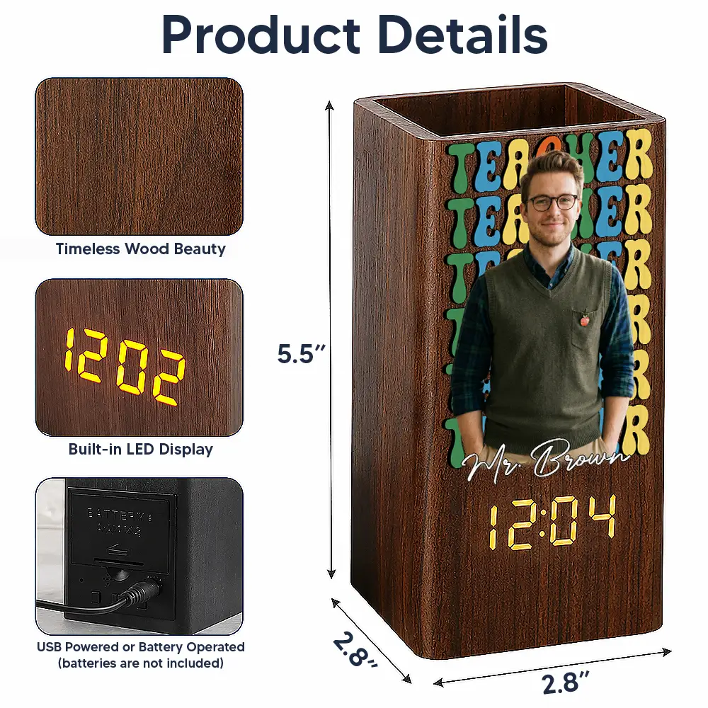 Grateful, Teacher, Back To School, Custom Photo, Remove BG Photo - Custom Photo Teacher With Name - Personalized Pen Holder With Clock