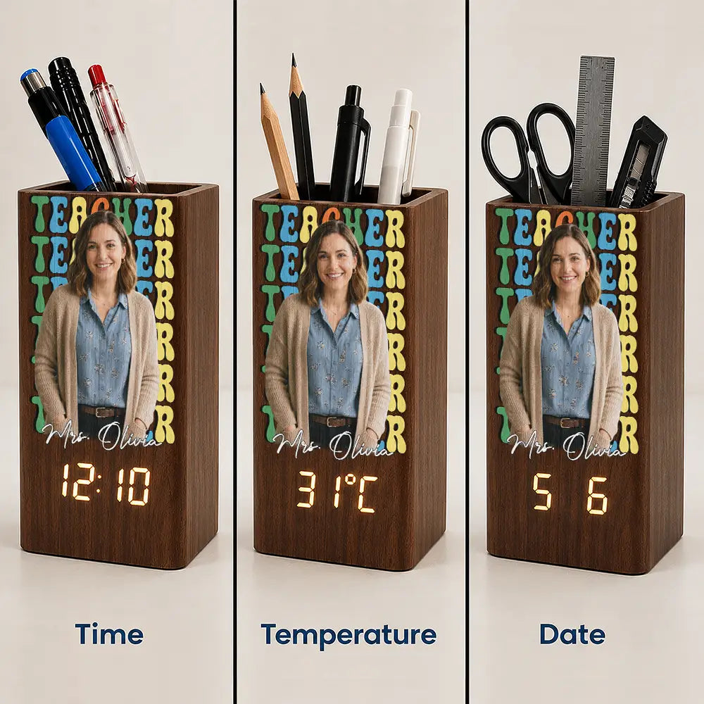 Grateful, Teacher, Back To School, Custom Photo, Remove BG Photo - Custom Photo Teacher With Name - Personalized Pen Holder With Clock