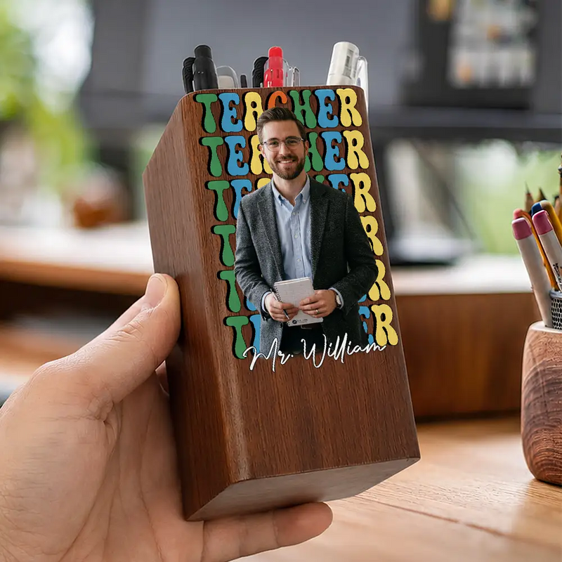 Grateful, Teacher, Back To School, Custom Photo, Remove BG Photo - Custom Photo Teacher With Name - Personalized Pen Holder With Clock