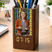Grateful, Teacher, Back To School, Custom Photo, Remove BG Photo - Custom Photo Teacher With Name - Personalized Pen Holder With Clock