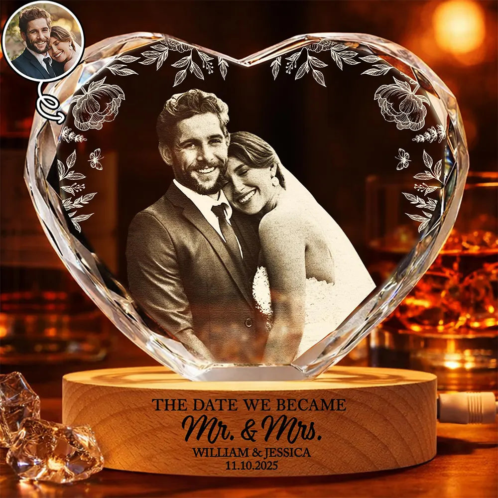 Custom Photo The Date We Became Mr & Mrs Wedding Couple - Personalized Crystal Heart Shaped Lamp