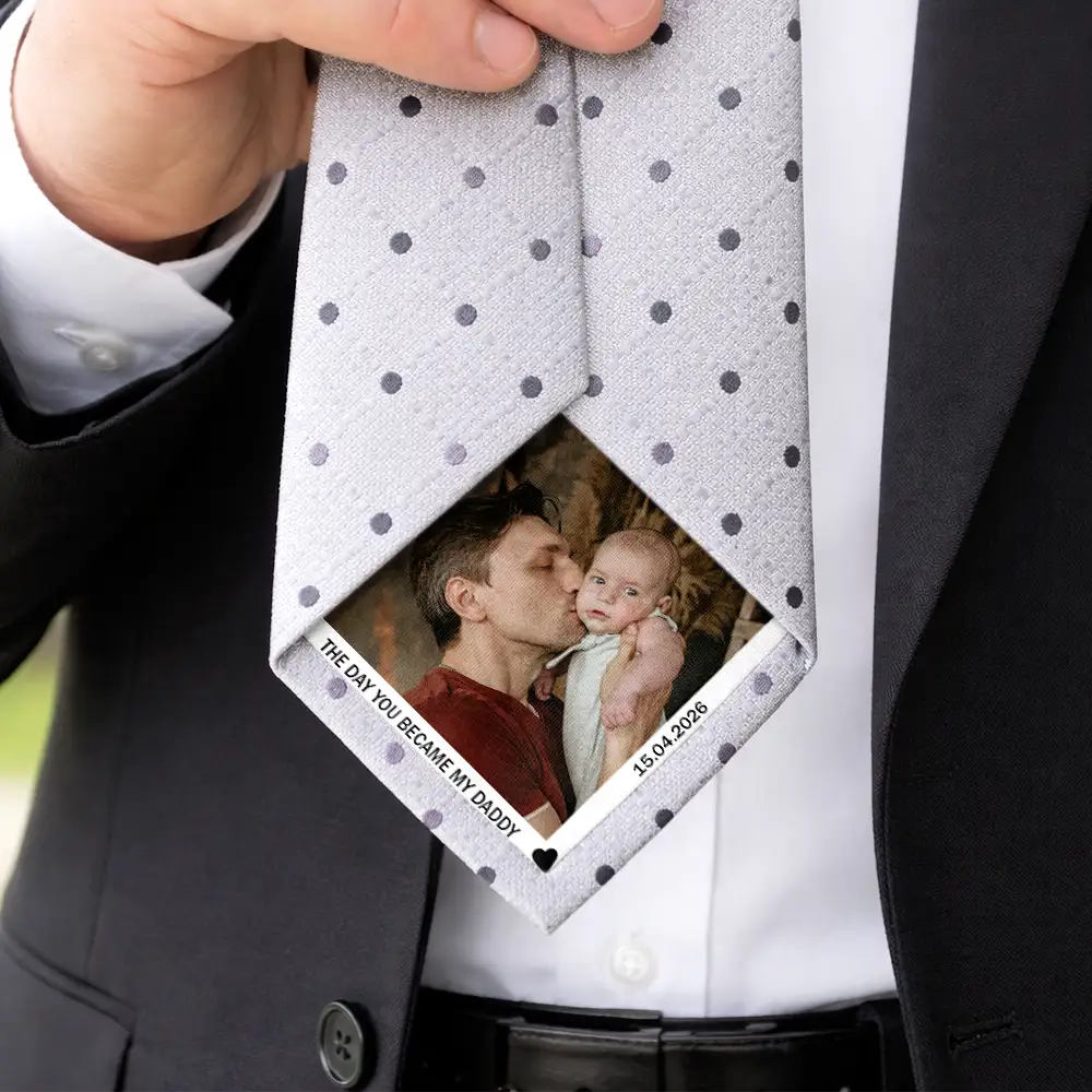 Gift For Husband,Gift For Yourself,Gift For Men,Gift For Father,New Dad,Non-Eng,Photo,Cozy - Custom Photo The Day You Became My Daddy - Personalized Fabric Tie Patch