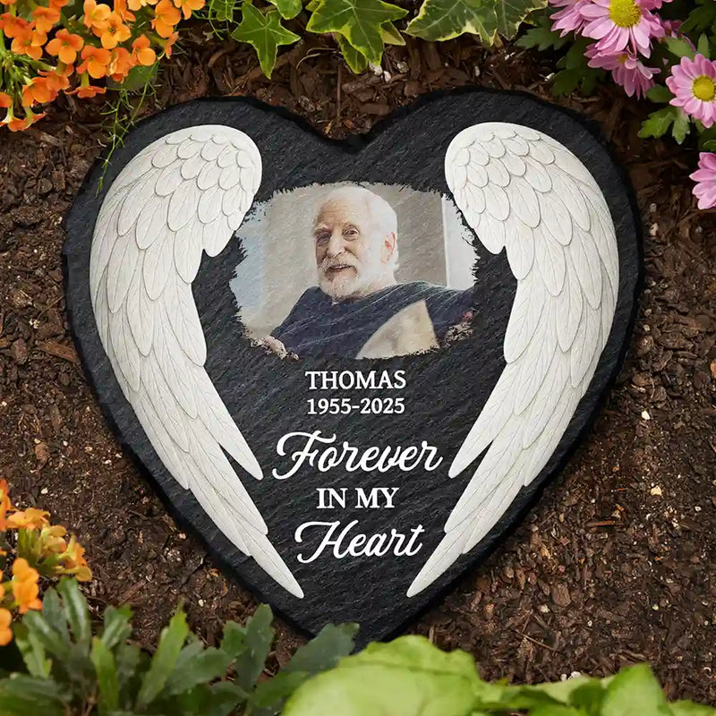 Christian, Family, Memorial, Parents, Gift For Grandparents - Custom Photo The One You Loved Becomes a Memory - Personalized Heart Memorial Garden Stone
