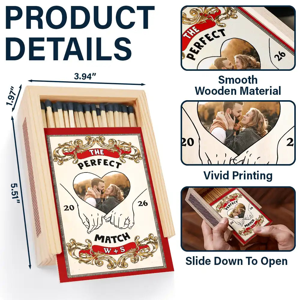 Gift For Couples,Gift For Husband,Gift For Wife,Gift For Boyfriend,Gift For Girlfriend,Happy - Custom Photo The Perfect Match - Personalized Wooden Matchbox