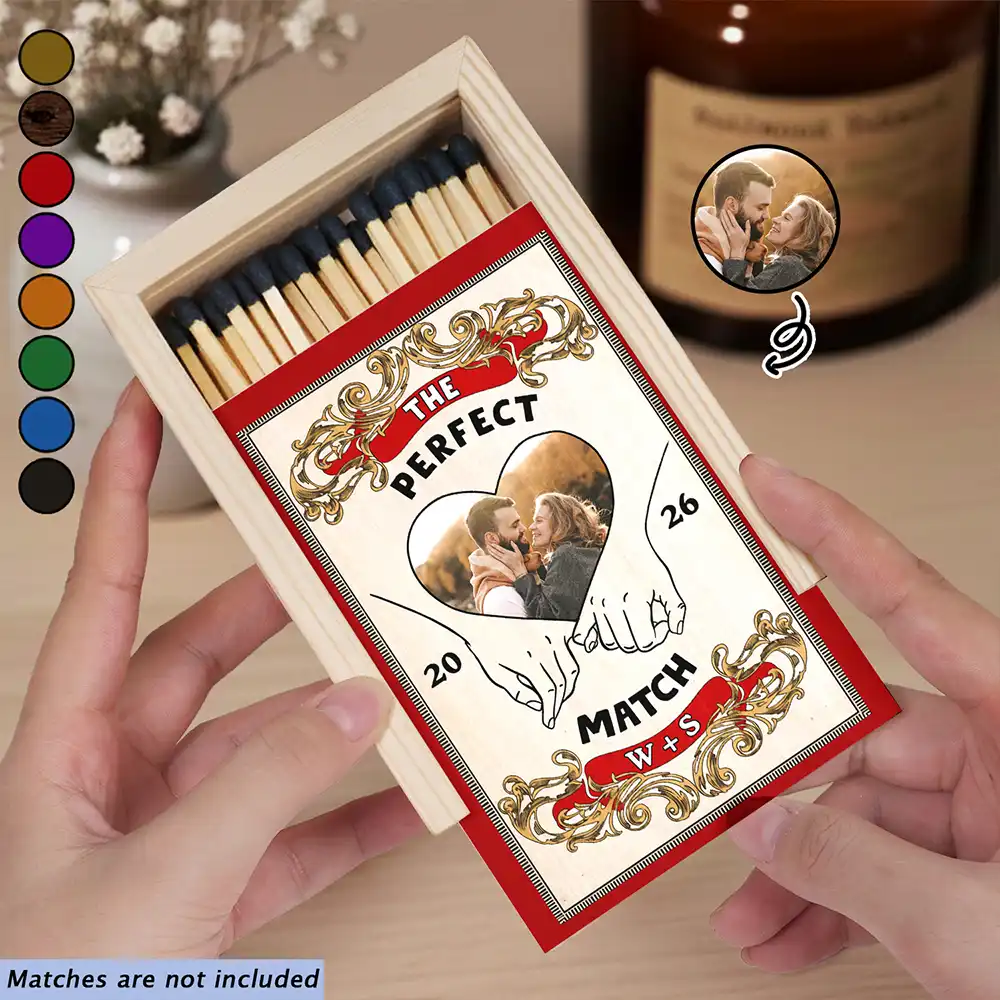 Gift For Couples,Gift For Husband,Gift For Wife,Gift For Boyfriend,Gift For Girlfriend,Happy - Custom Photo The Perfect Match - Personalized Wooden Matchbox
