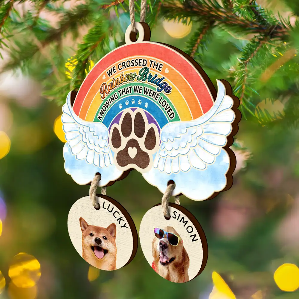 Pet Lovers,Pet Mom,Pet Dad,Dog Lovers,Dog Mom,Dog Dad,Cat Lovers,Cat Mom,Cat Dad,Memorial,Sad,Christmas - Custom Photo The Rainbow Bridge - Personalized Wooden Ornament With Wooden Tags