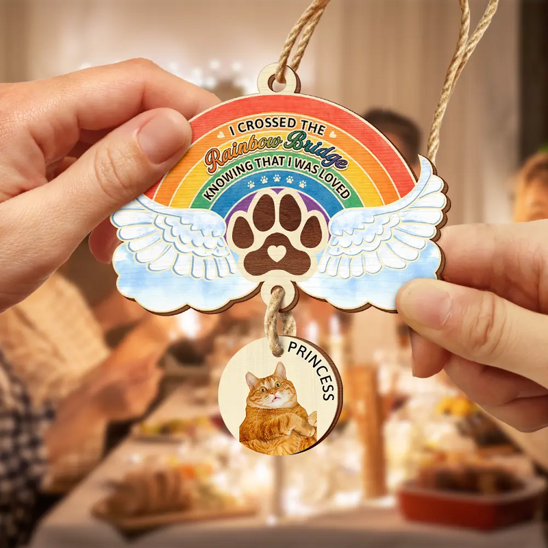Pet Lovers,Pet Mom,Pet Dad,Dog Lovers,Dog Mom,Dog Dad,Cat Lovers,Cat Mom,Cat Dad,Memorial,Sad,Christmas - Custom Photo The Rainbow Bridge - Personalized Wooden Ornament With Wooden Tags